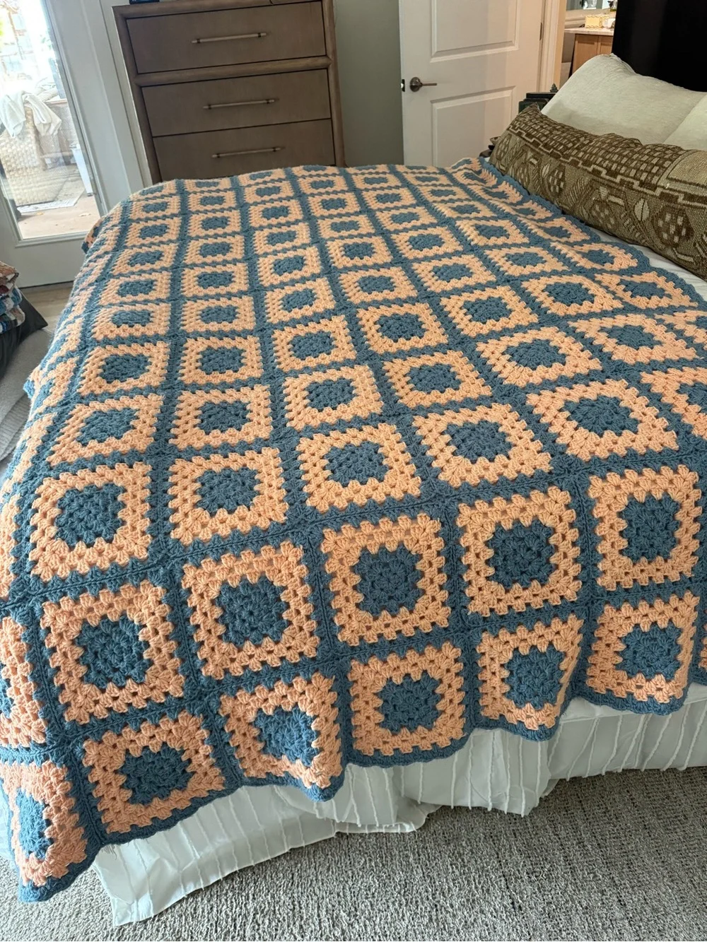 Handmade Peach and Teal Crochet Granny Square Bedspread